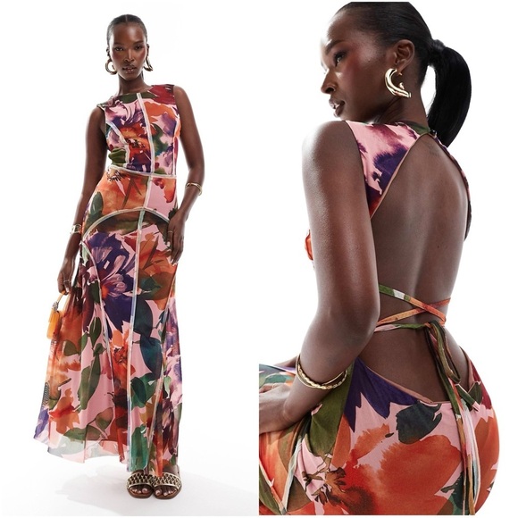 ASOS Exposed Seam Mesh Backless Midi Dress In Bright Floral - Picture 1 of 7